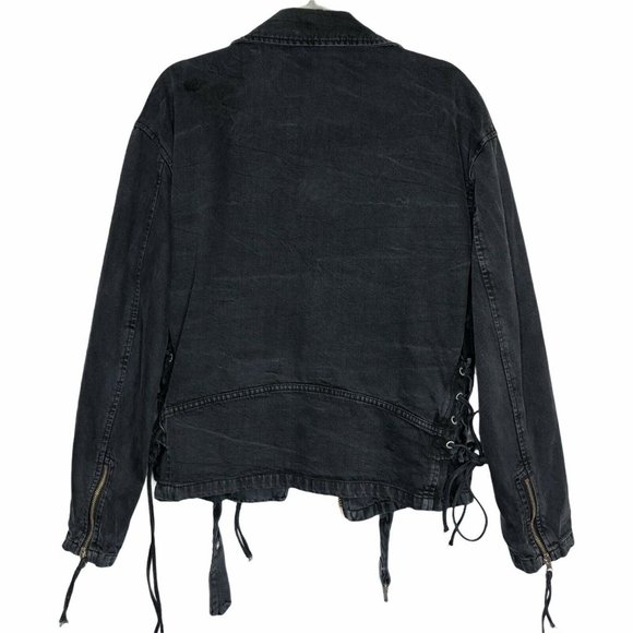Free People Lace Up Denim Jacket Oversized Belted - Picture 7 of 16